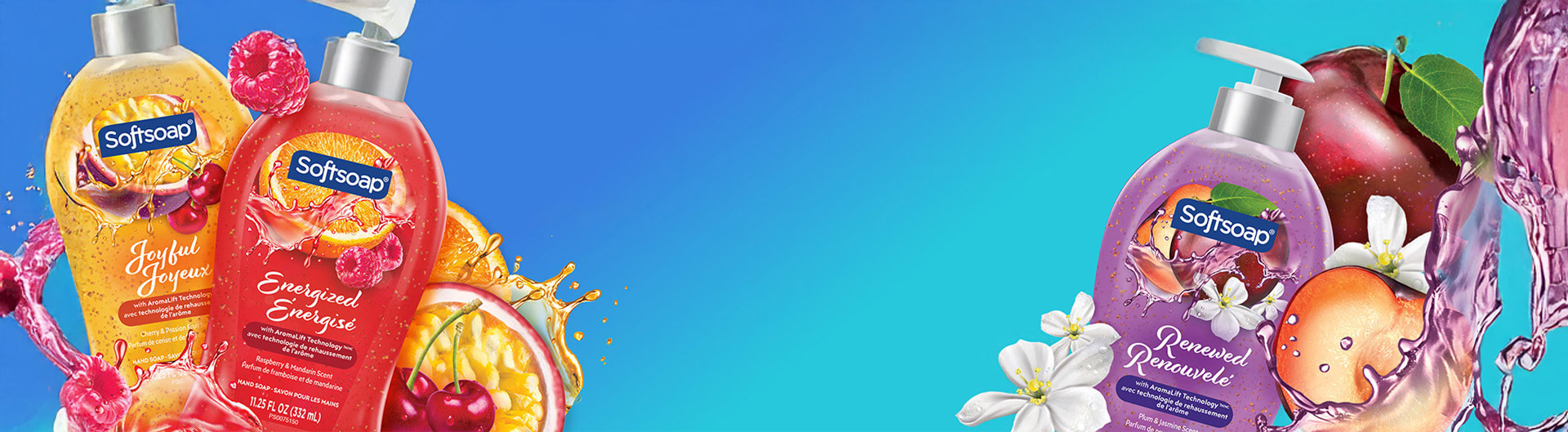 Blue background with softsoap bottles